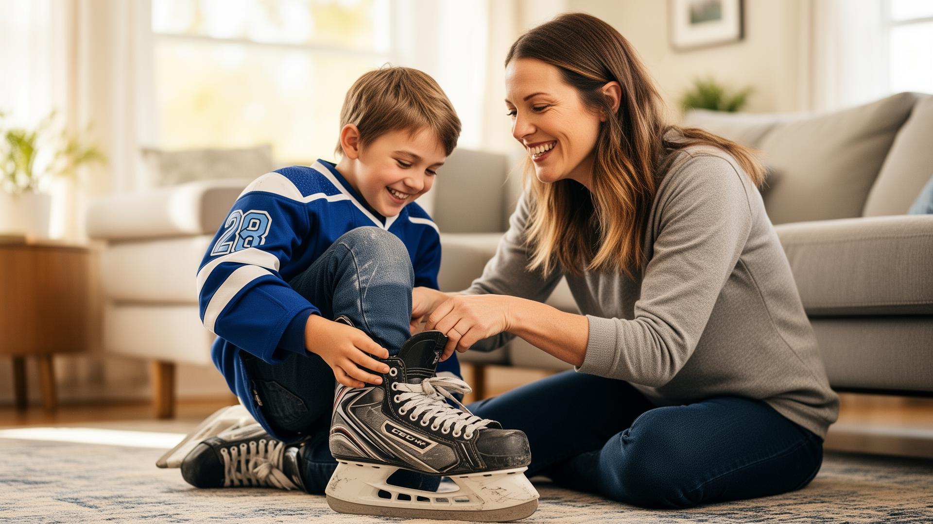 Maman aidant son fils à enfiler ses patins de hockey